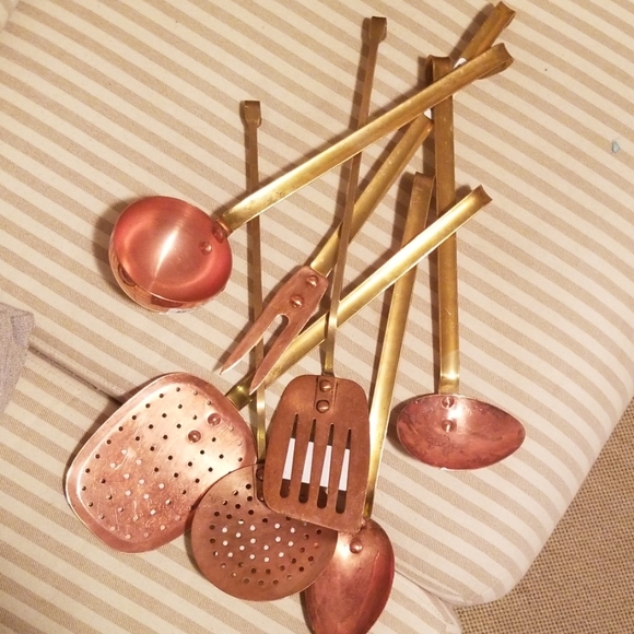 7 piece copper and brass hanging utensils